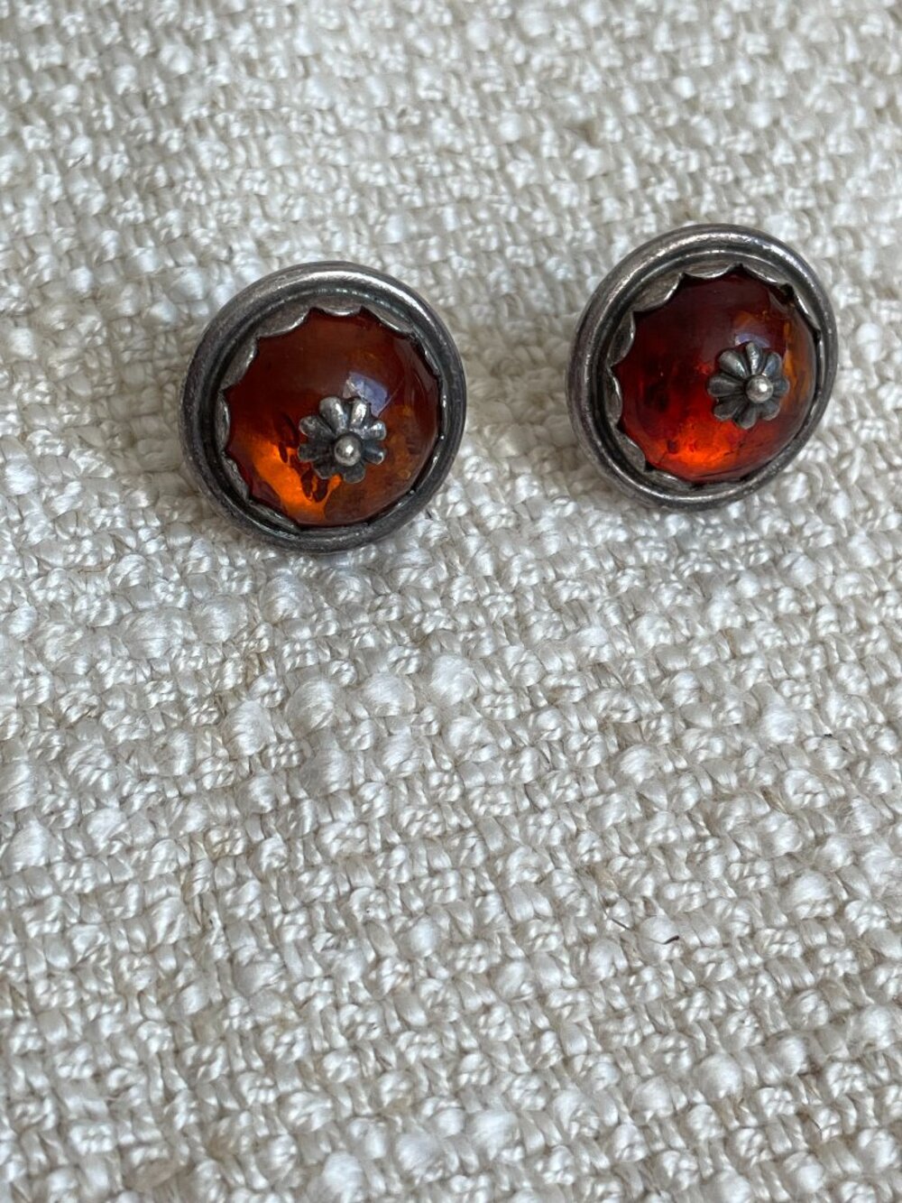 Gorgeous MCM Vintage Amber Dome Sterling Silver Stamped Button Stud Earrings ¾”